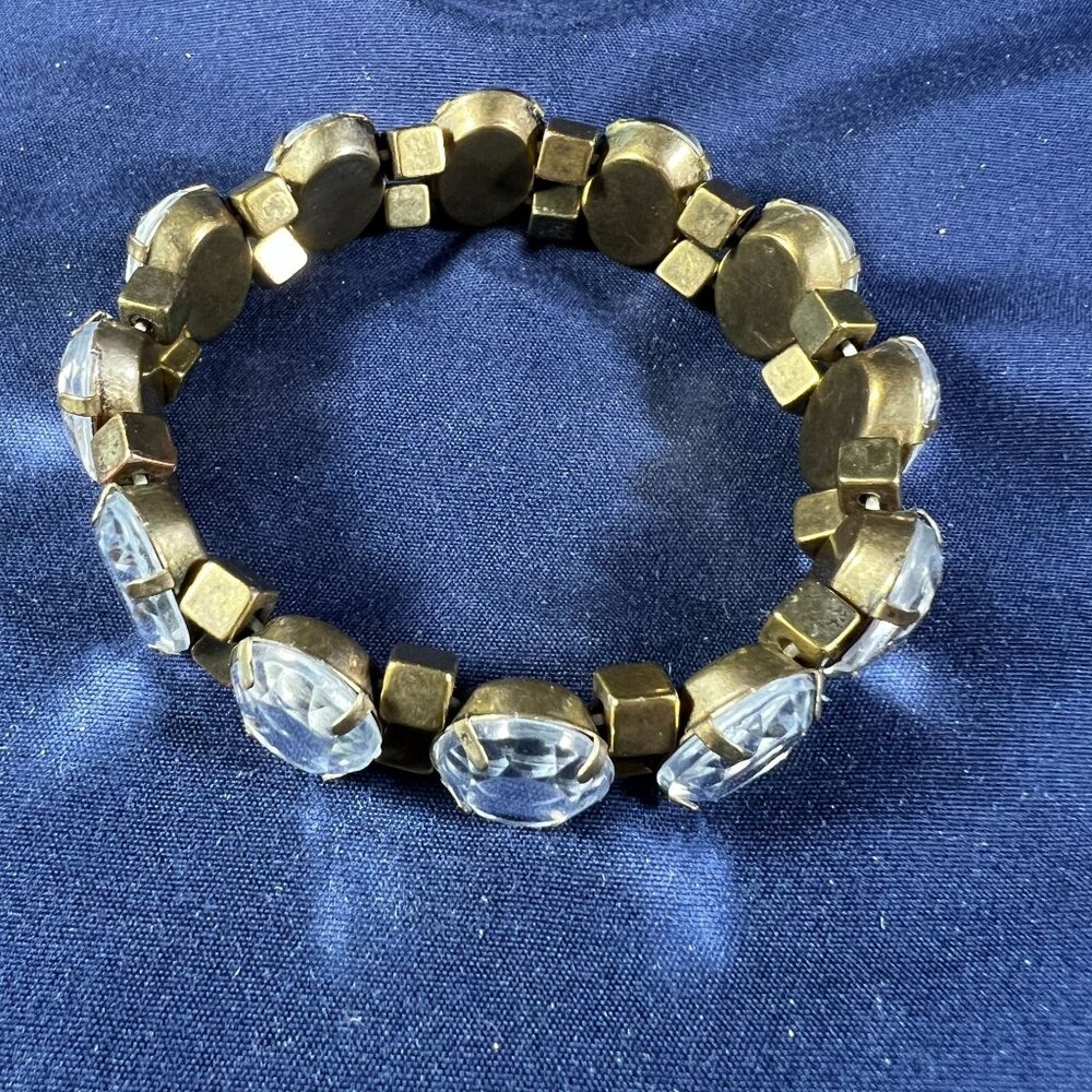 Vintage Gold-Tone Stretch Bracelet With Clear Oval Gemstones